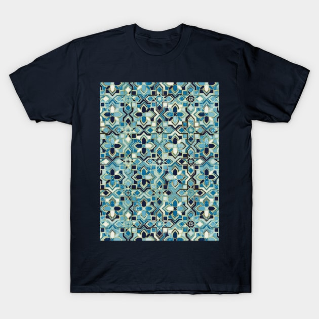 Moody Moroccan Blues Gilded Tile Patchwork T-Shirt by micklyn